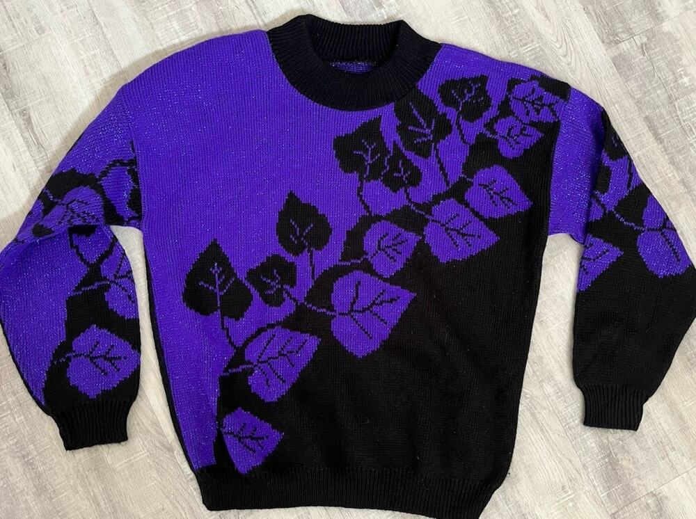 Vintage 1980’s Sweater Purple Black Sparkle Lurex Double Sided Ivy Floral M/L